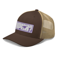 Side view of a brown and khaki bitcoin trucker cap.