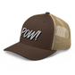 Side view of a brown and khaki bitcoin trucker cap.