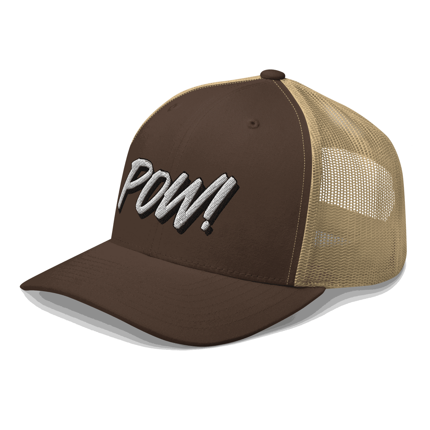 Side view of a brown and khaki bitcoin trucker cap.