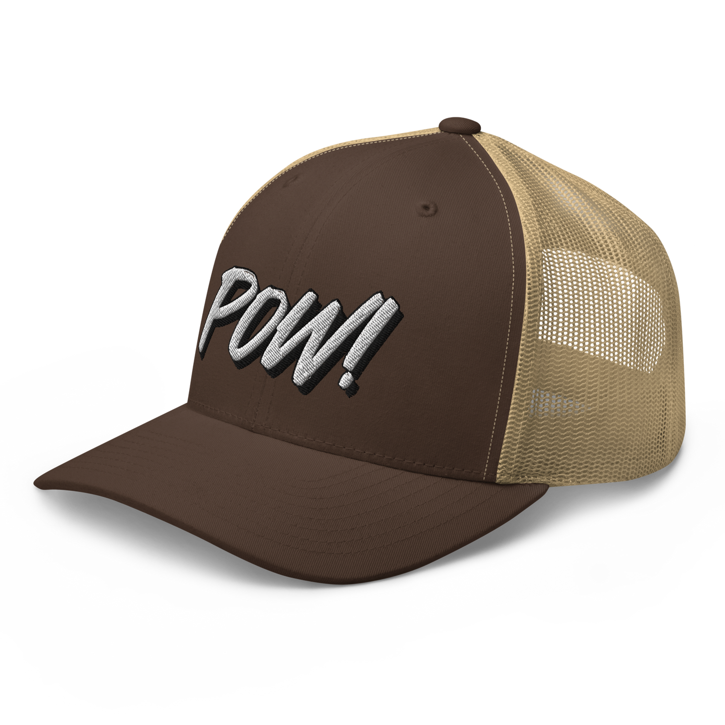 Side view of a brown and khaki bitcoin trucker cap.