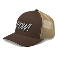 Side view of a brown and khaki bitcoin trucker cap.