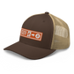 Side view of a brown and khaki bitcoin trucker cap.