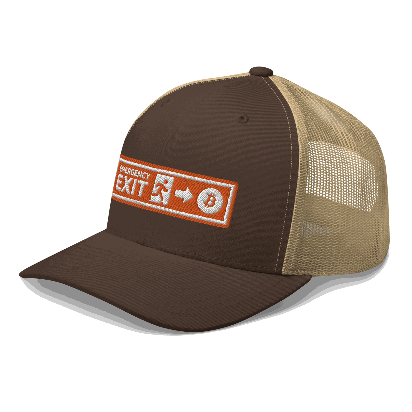 Side view of a brown and khaki bitcoin trucker cap.