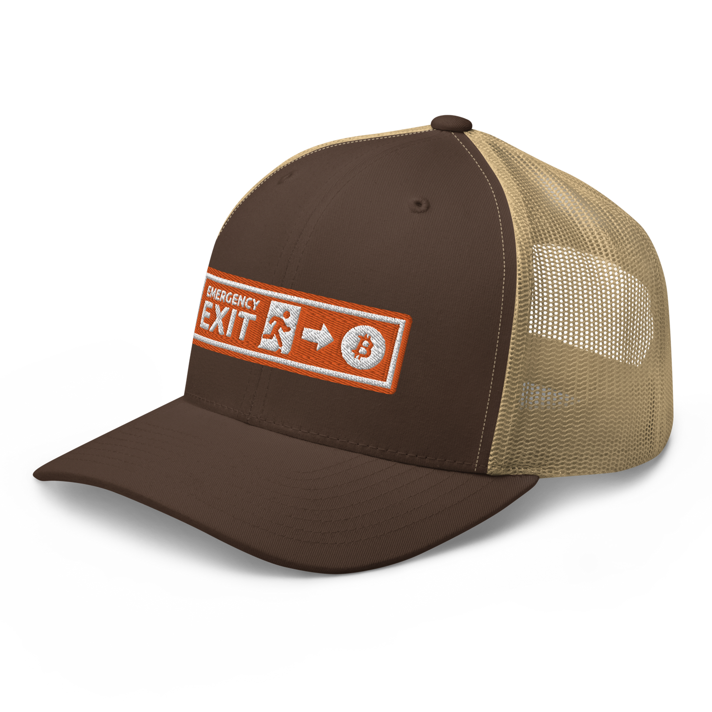 Side view of a brown and khaki bitcoin trucker cap.