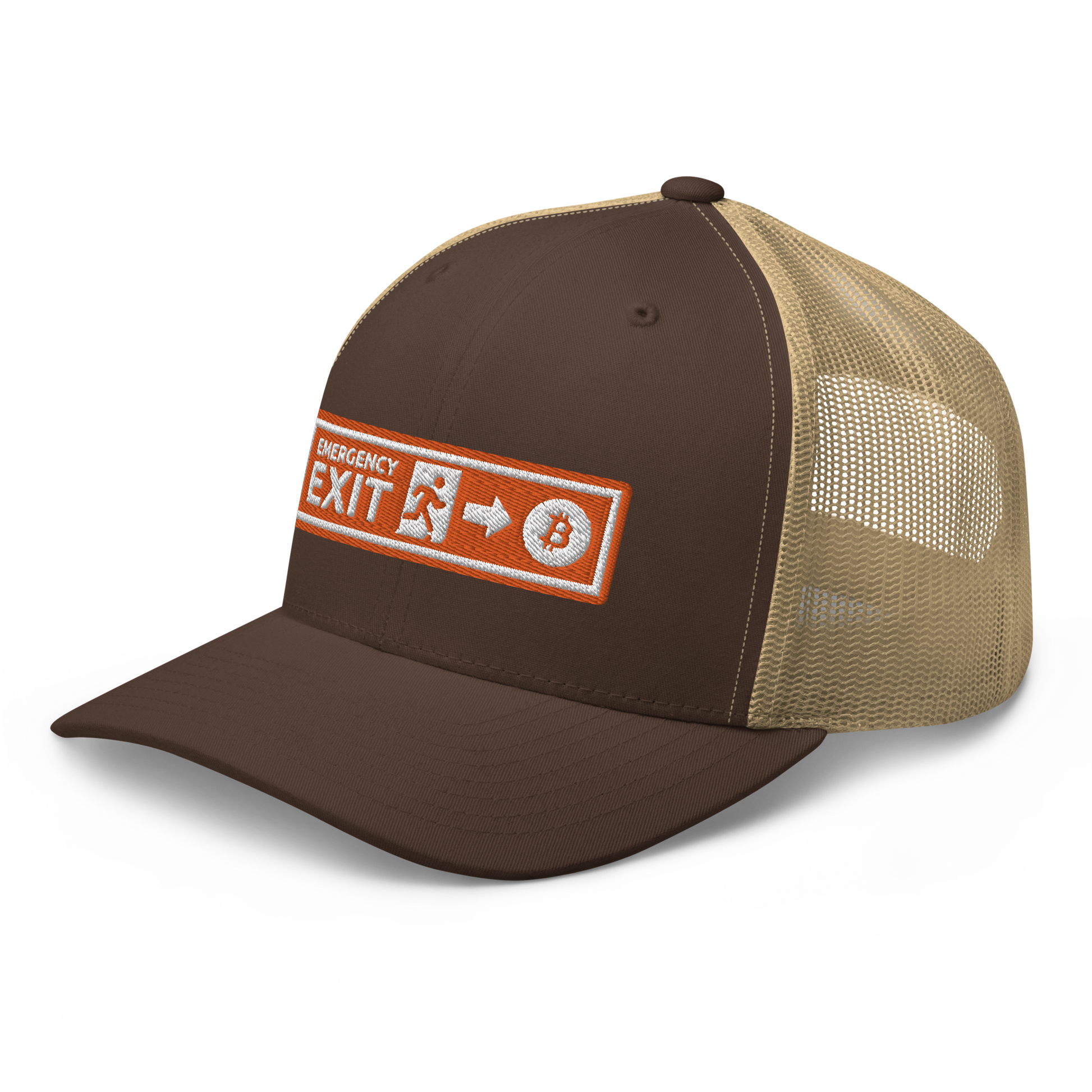 Side view of a brown and khaki bitcoin trucker cap.