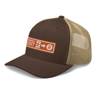 Side view of a brown and khaki bitcoin trucker cap.