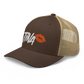 Side view of a brown and khaki bitcoin trucker cap.