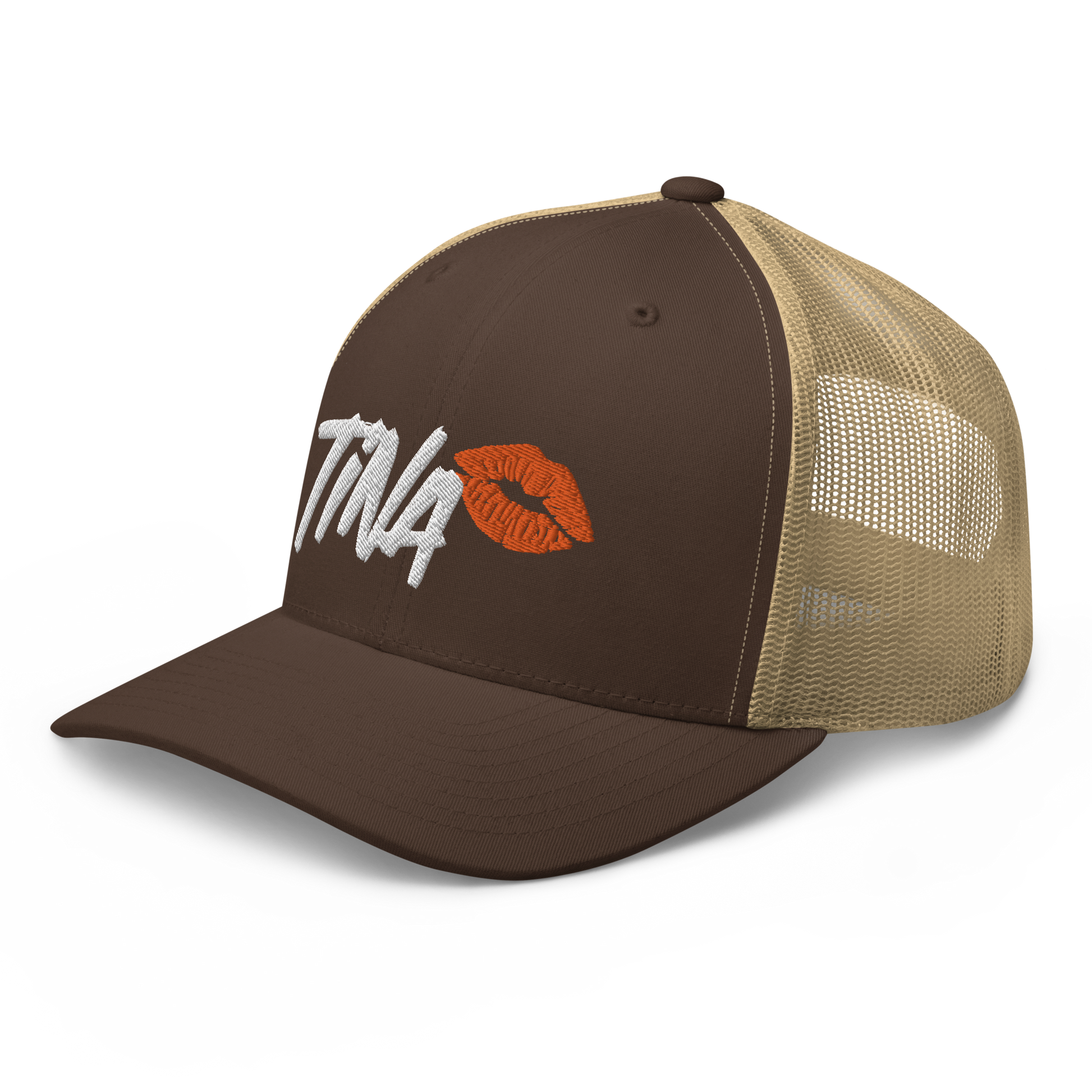 Side view of a brown and khaki bitcoin trucker cap.