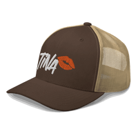 Side view of a brown and khaki bitcoin trucker cap.