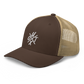 Side view of a brown and khaki bitcoin trucker cap.