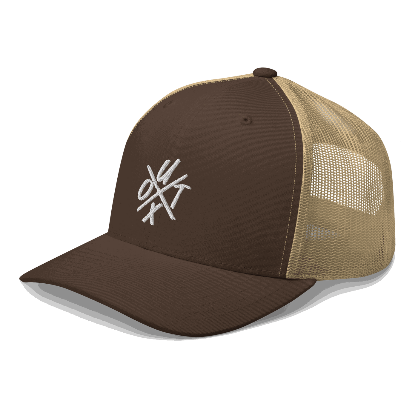Side view of a brown and khaki bitcoin trucker cap.