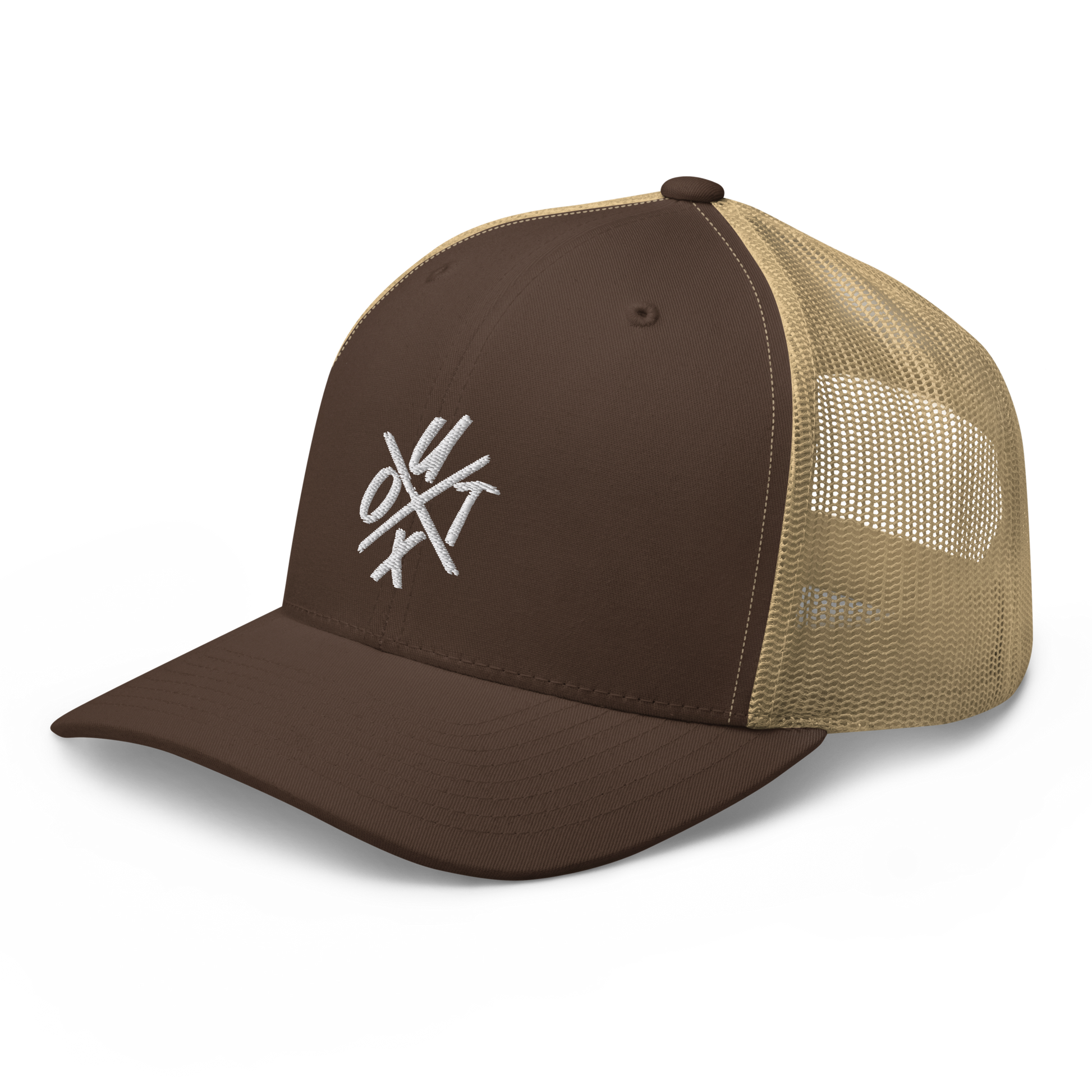 Side view of a brown and khaki bitcoin trucker cap.