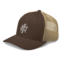 Side view of a brown and khaki bitcoin trucker cap.