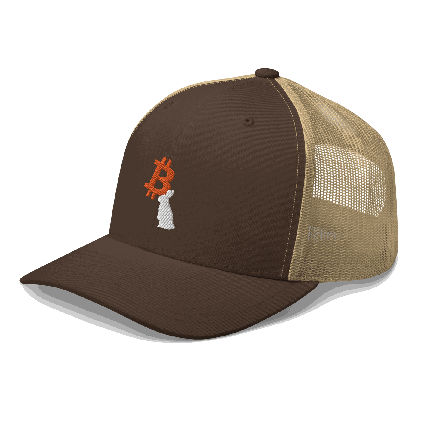 Side view of a brown and khaki bitcoin trucker cap.