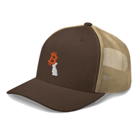 Side view of a brown and khaki bitcoin trucker cap.