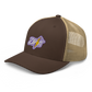 Side view of a brown and khaki bitcoin trucker cap.