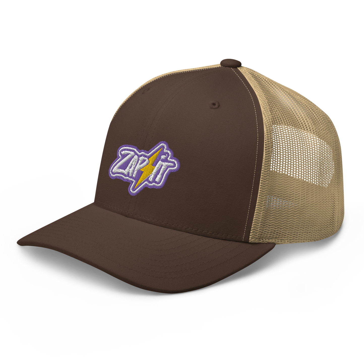 Side view of a brown and khaki bitcoin trucker cap.