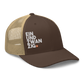 Side view of a brown and khaki bitcoin trucker cap.