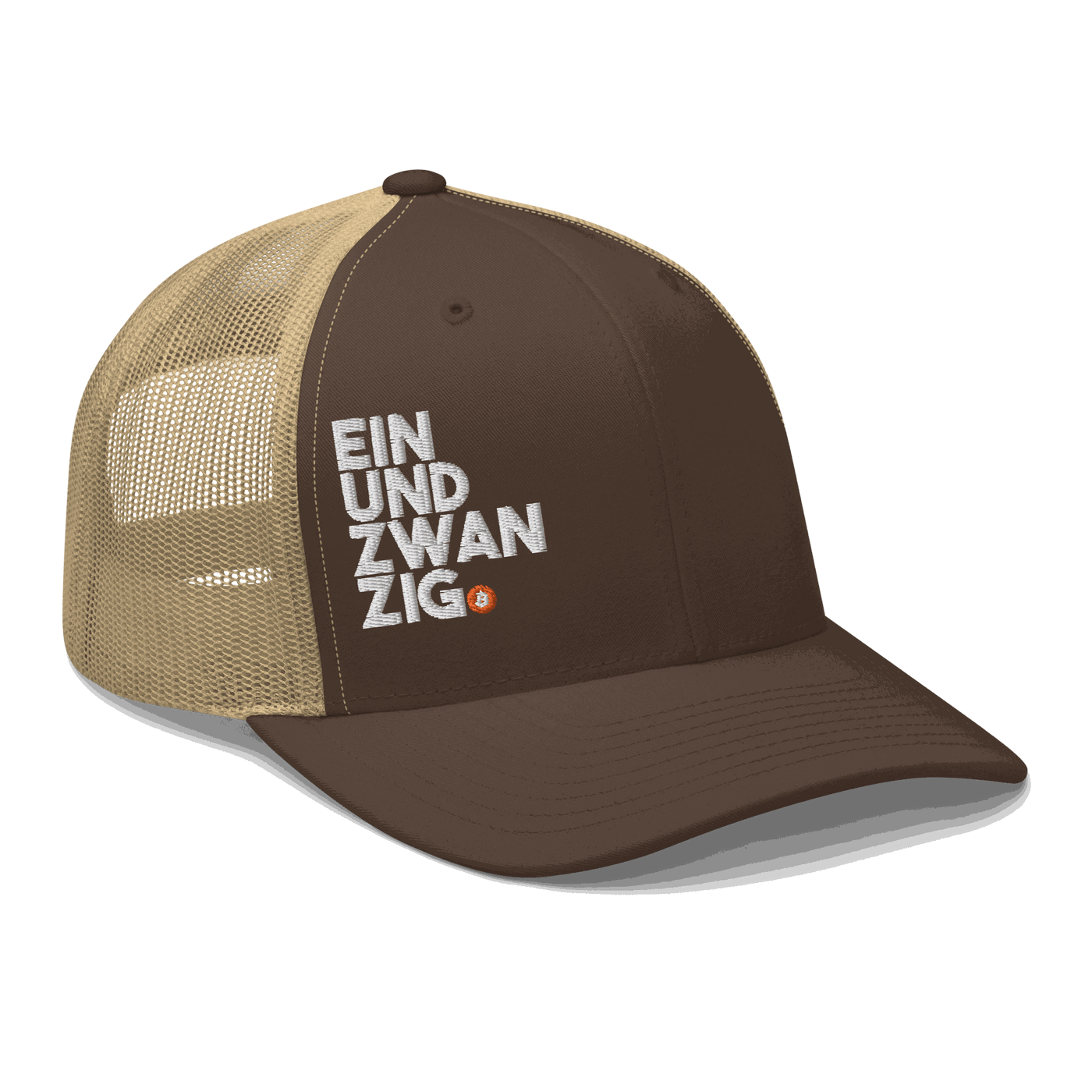 Black Einundzwanzig bitcoin trucker cap with mesh back and embroidered logo