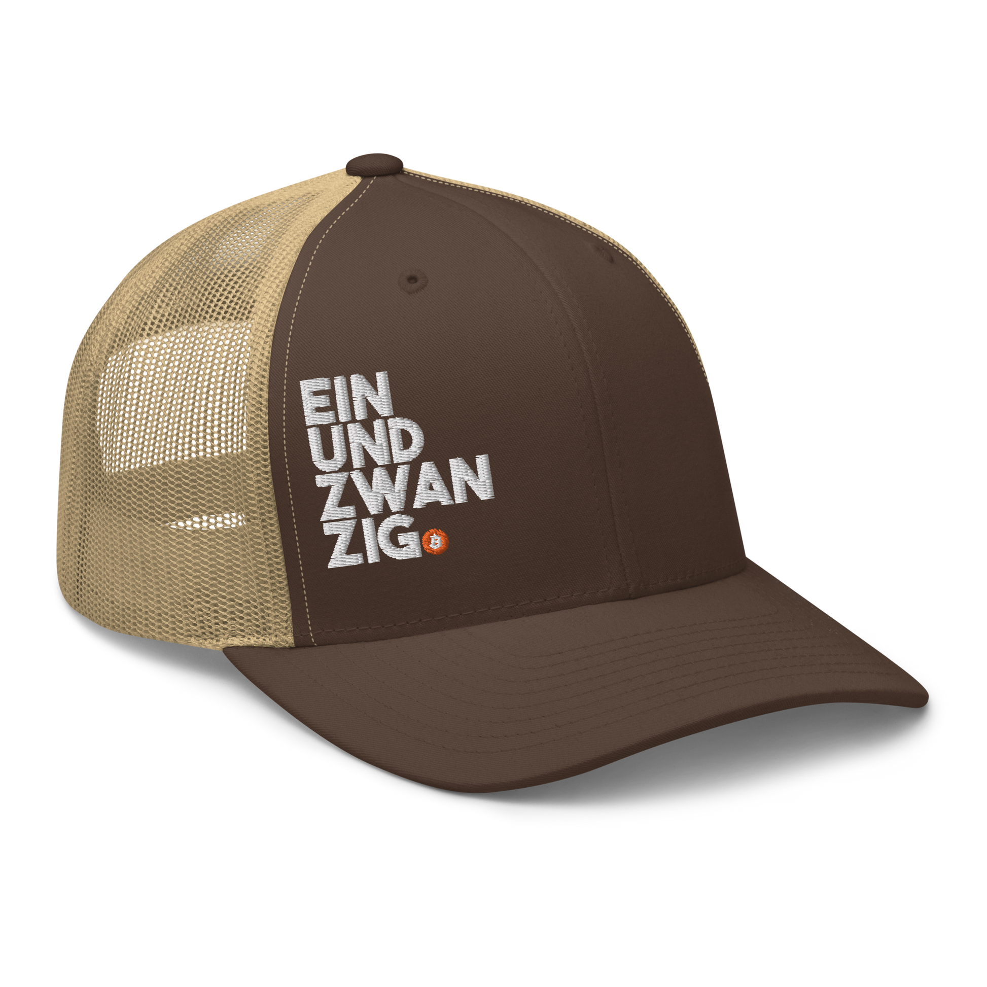 Side view of a brown and khaki bitcoin trucker cap.