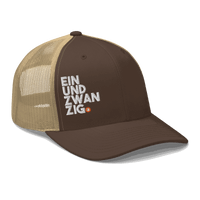 Black Einundzwanzig bitcoin trucker cap with mesh back and embroidered logo