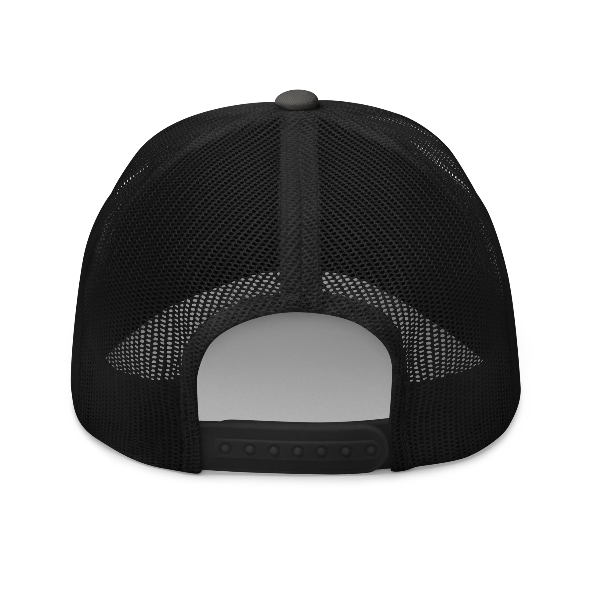 Back view of a charcoal grey and black bitcoin trucker cap.