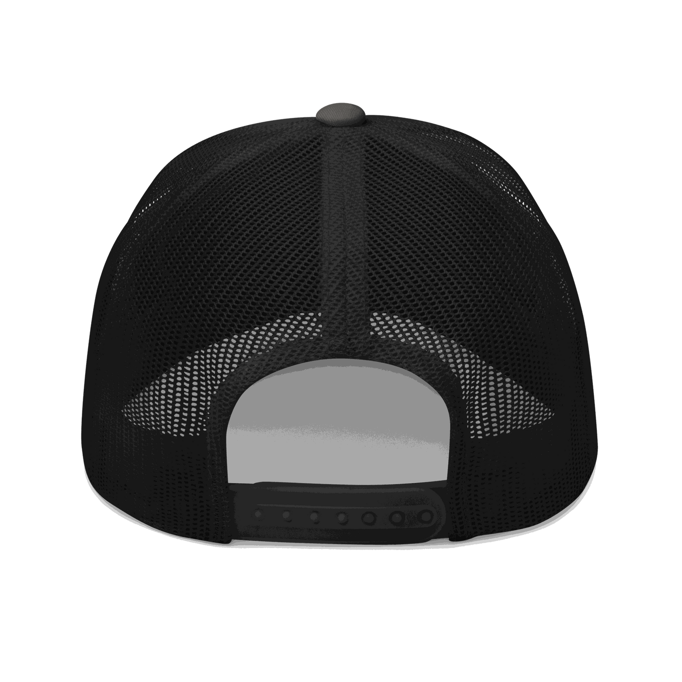 Back view of a charcoal grey and black bitcoin trucker cap.