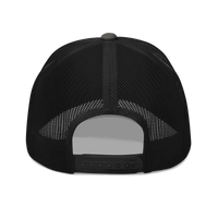 Back view of a charcoal grey and black bitcoin trucker cap.