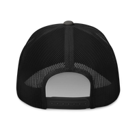 Sats symbol bitcoin trucker cap in Charcoal/ Black, back view.