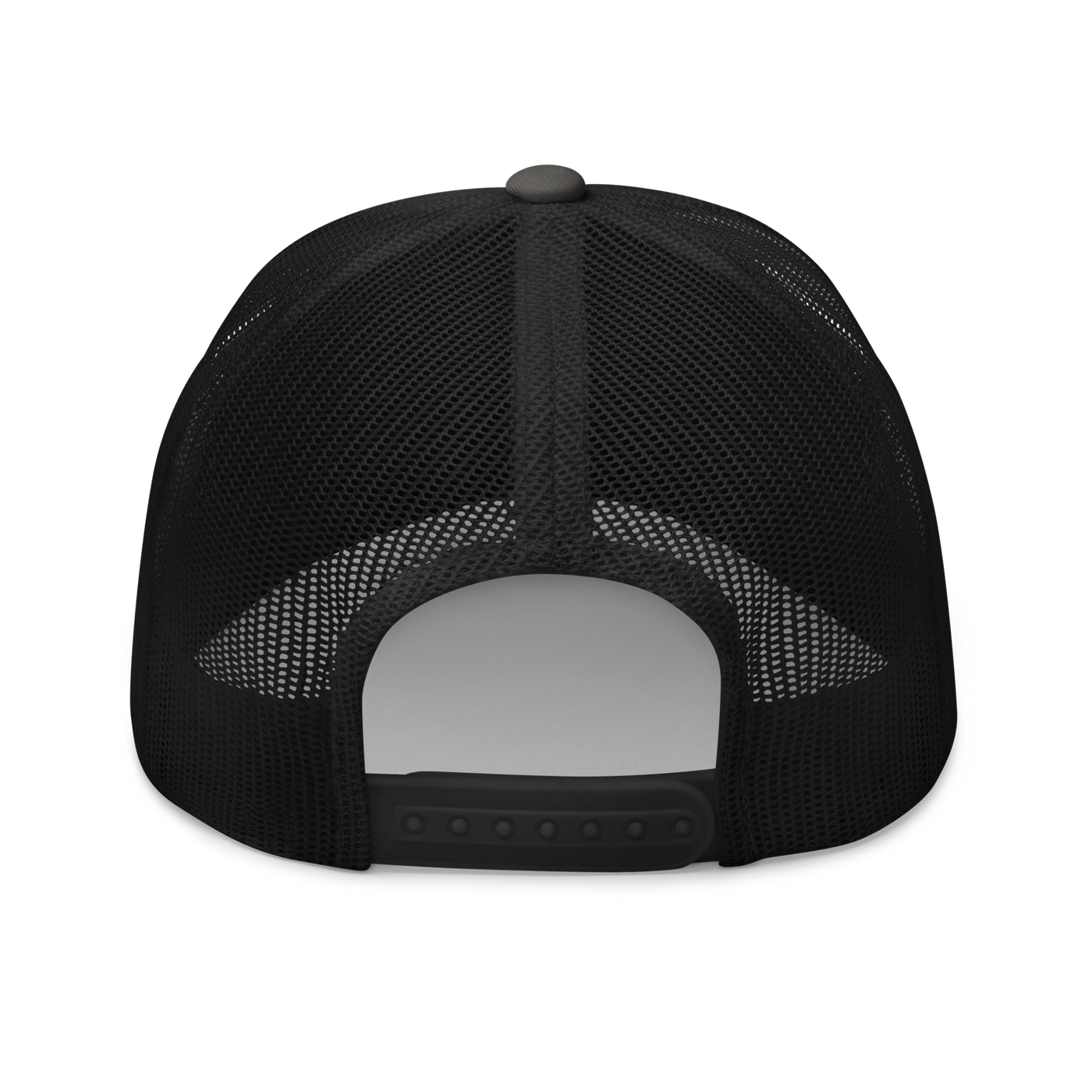 Circuit Board bitcoin trucker cap in Charcoal/ Black, back view.