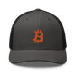 Front view of a charcoal grey and black bitcoin trucker cap.