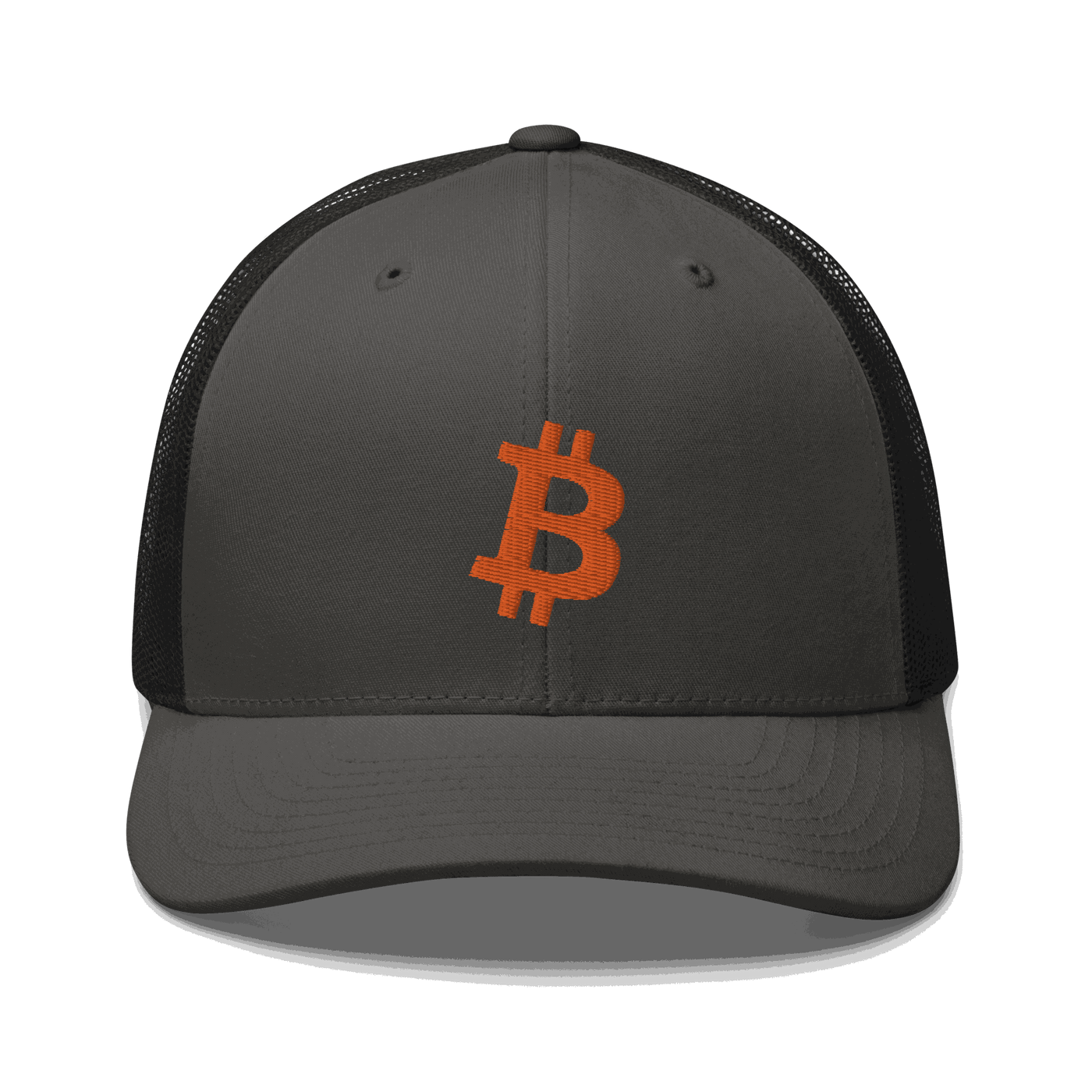 Front view of a charcoal grey and black bitcoin trucker cap.