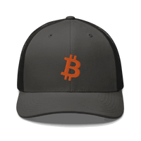 Front view of a charcoal grey and black bitcoin trucker cap.