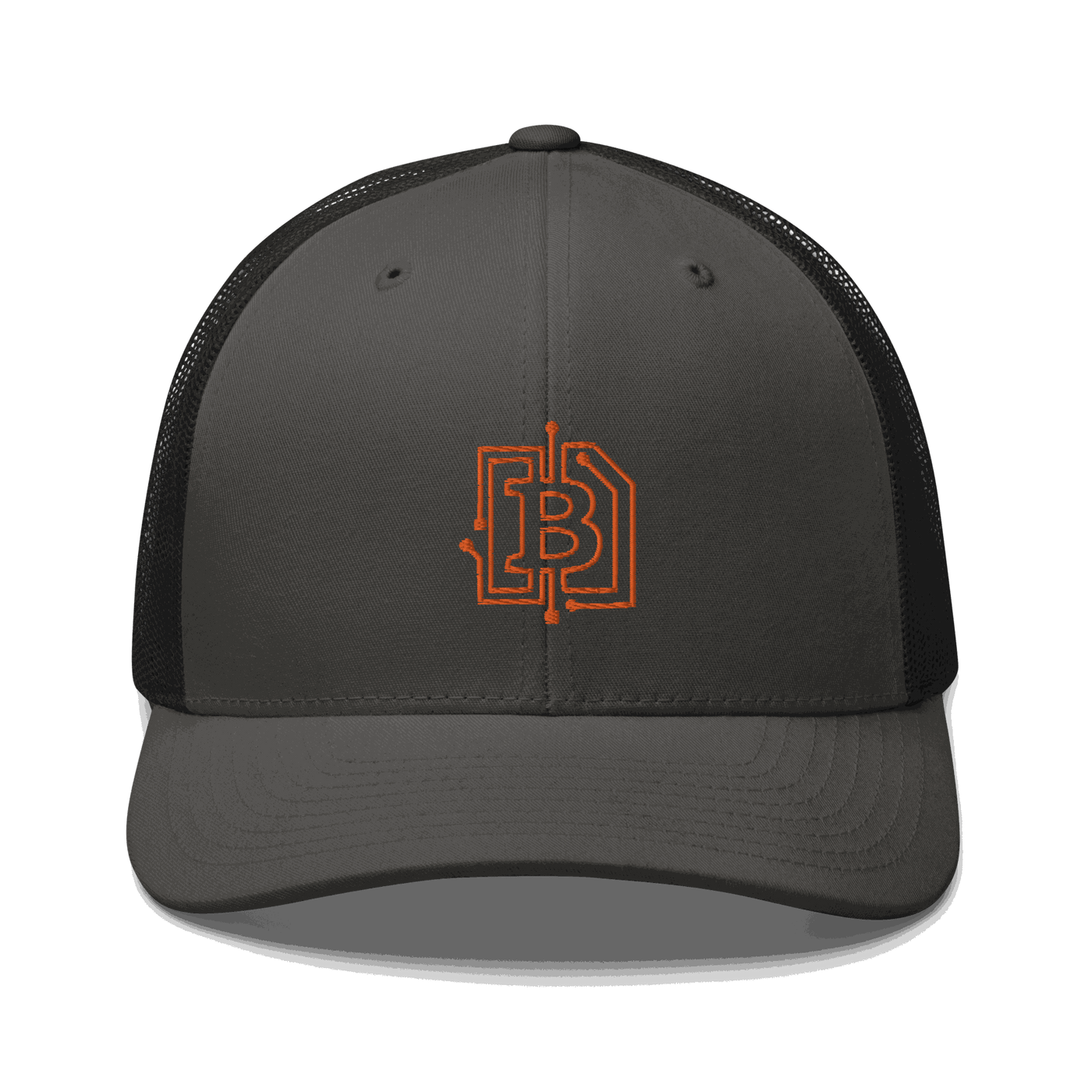 Front view of a charcoal grey and black bitcoin trucker cap.