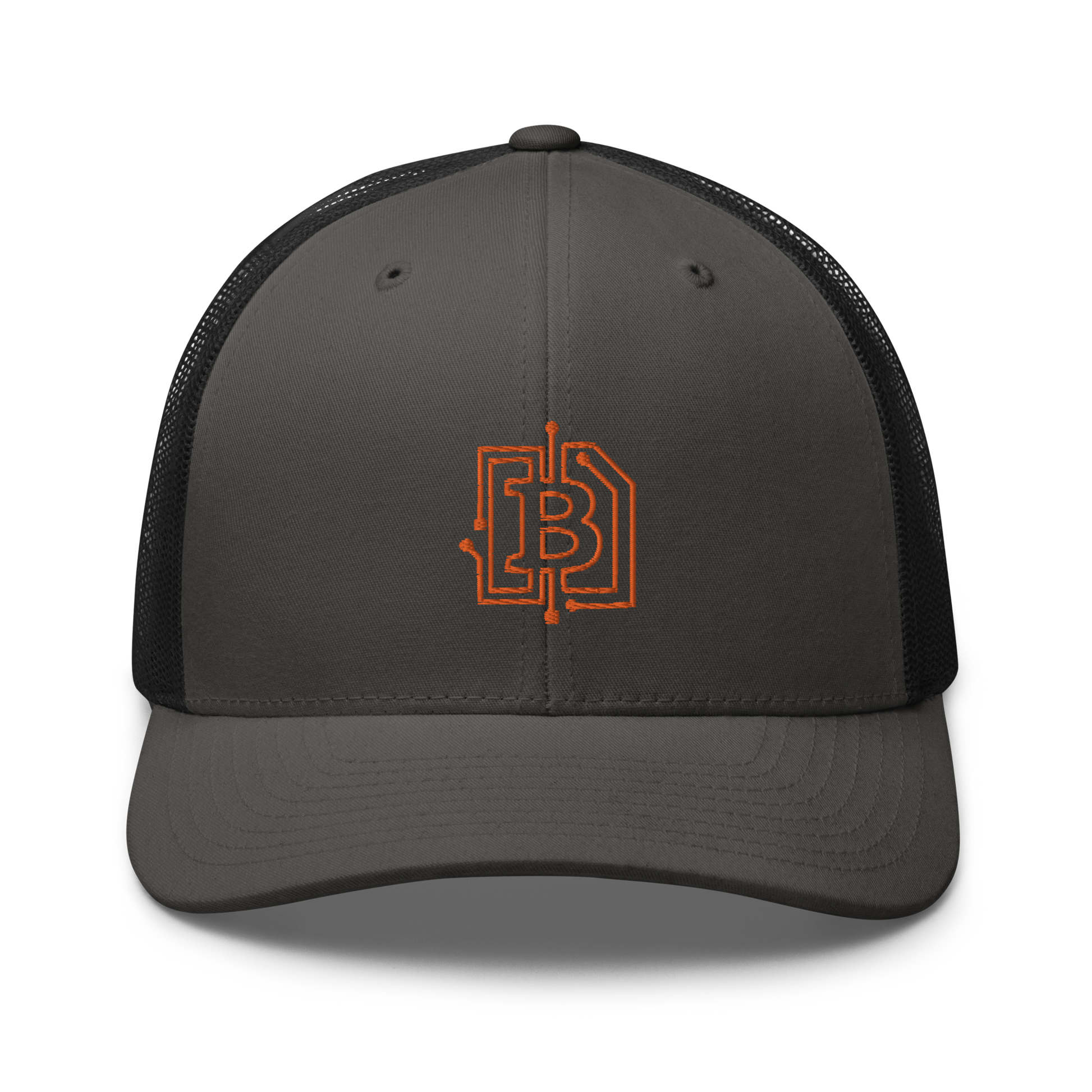 Front view of a charcoal grey and black bitcoin trucker cap.