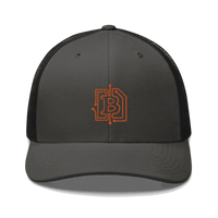 Front view of a charcoal grey and black bitcoin trucker cap.