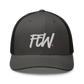 Front view of a charcoal grey and black bitcoin trucker cap.