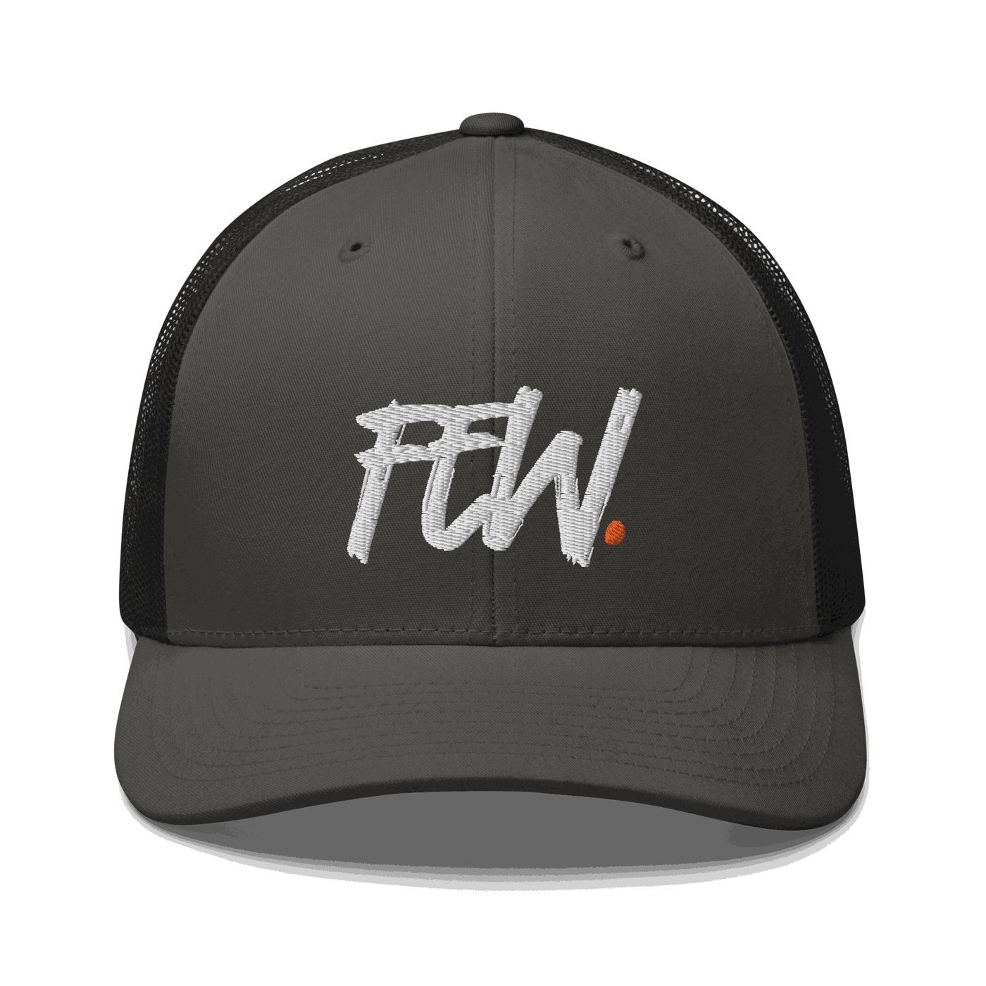 Front view of a charcoal grey and black bitcoin trucker cap.
