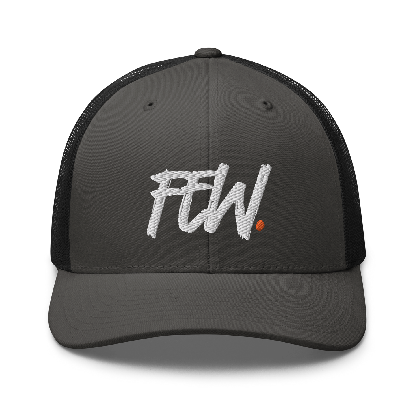 Front view of a charcoal grey and black bitcoin trucker cap.