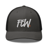 Front view of a charcoal grey and black bitcoin trucker cap.