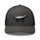 Front view of a charcoal grey and black bitcoin trucker cap.