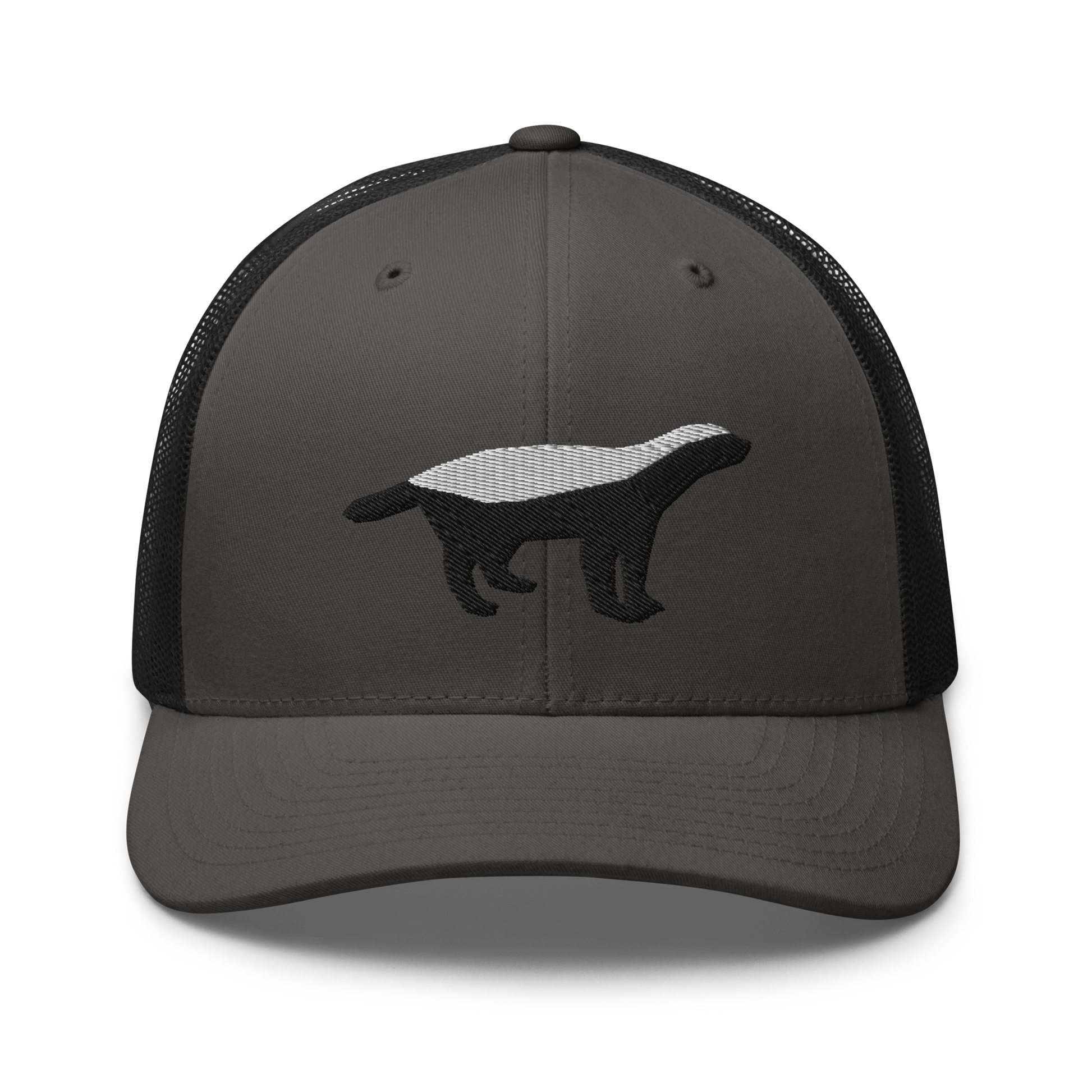 Front view of a charcoal grey and black bitcoin trucker cap.