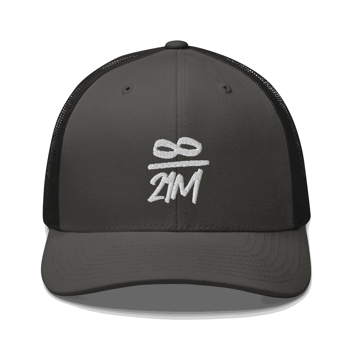 Front view of a charcoal grey and black bitcoin trucker cap.