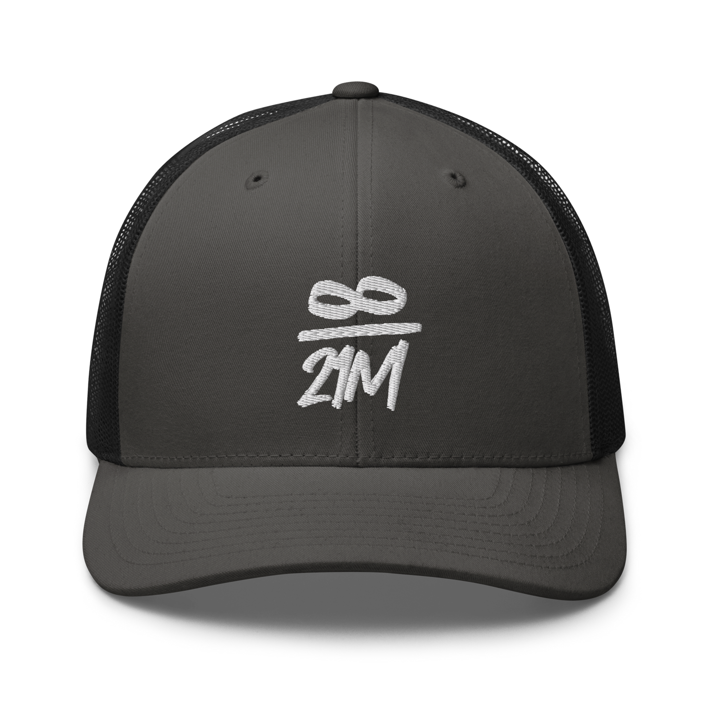 Front view of a charcoal grey and black bitcoin trucker cap.