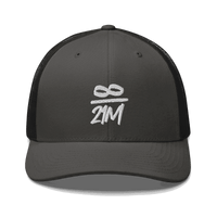 Front view of a charcoal grey and black bitcoin trucker cap.