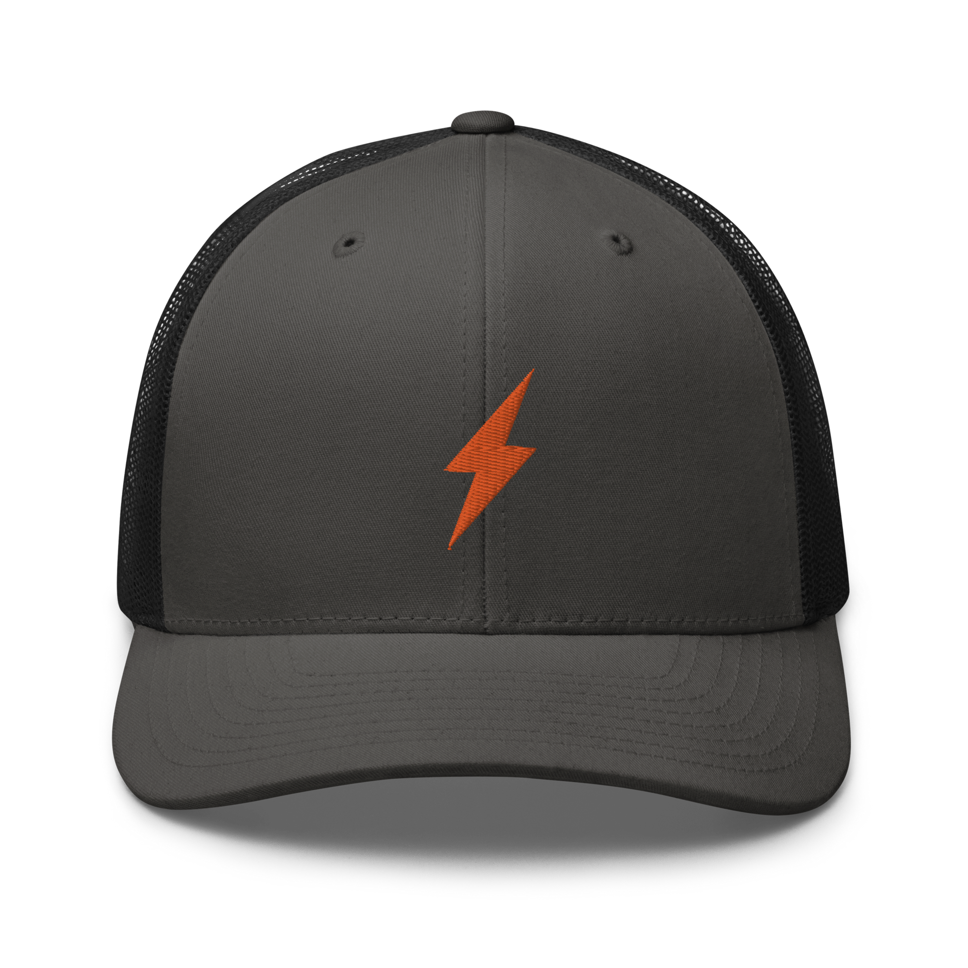 Front view of a charcoal grey and black bitcoin trucker cap.