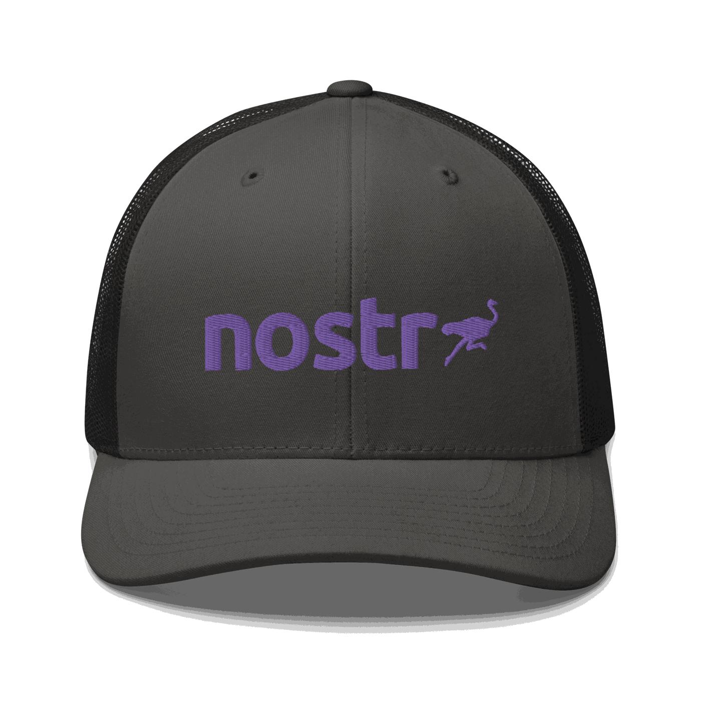 Front view of a charcoal grey and black bitcoin trucker cap.
