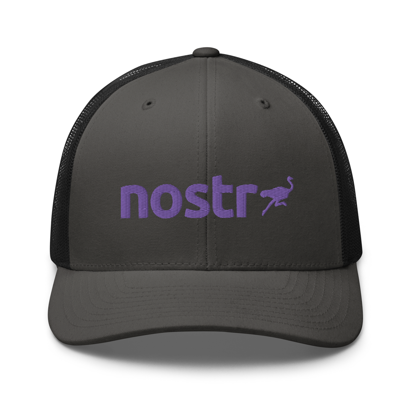 Front view of a charcoal grey and black bitcoin trucker cap.