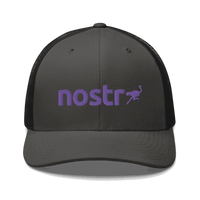 Front view of a charcoal grey and black bitcoin trucker cap.