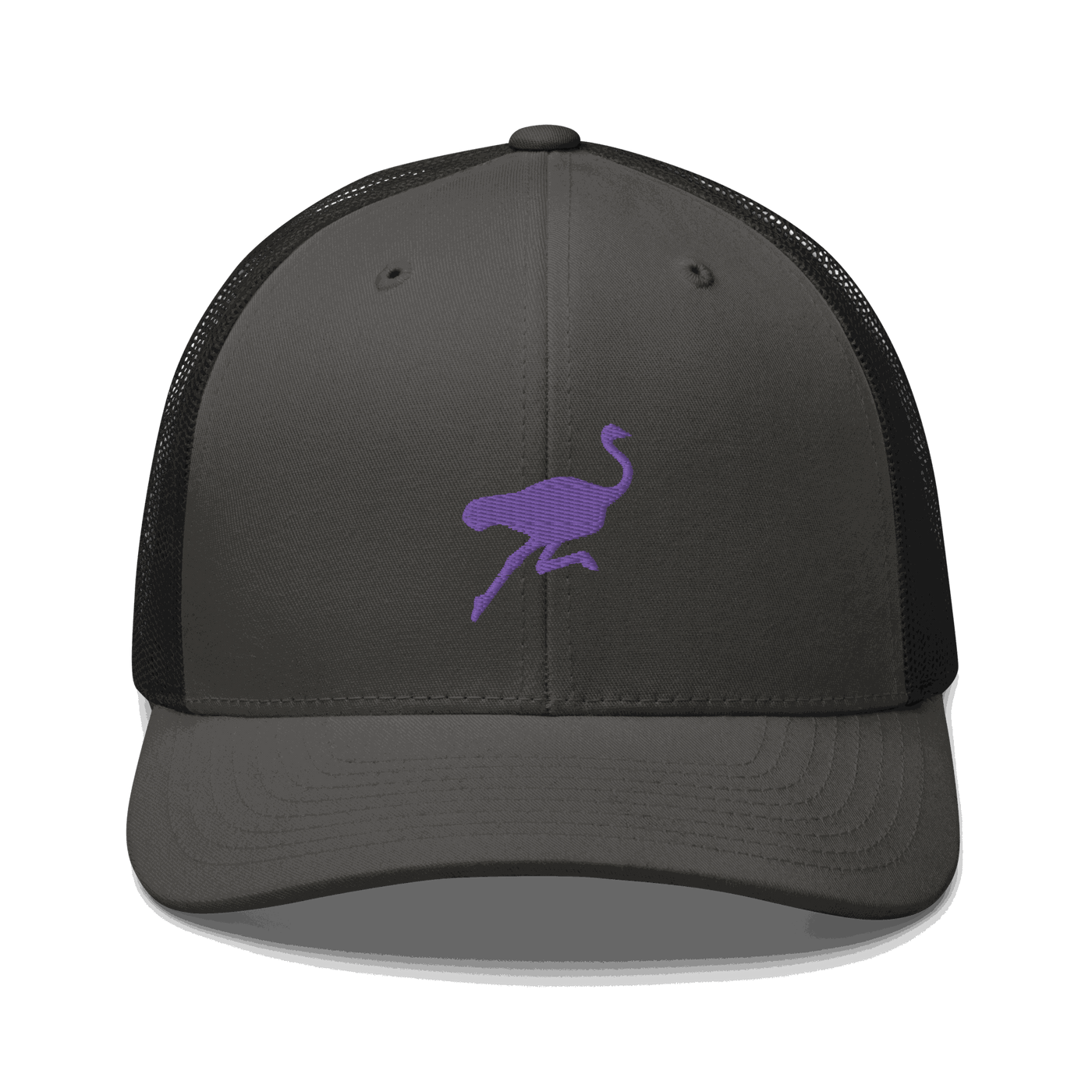 Front view of a charcoal grey and black bitcoin trucker cap.